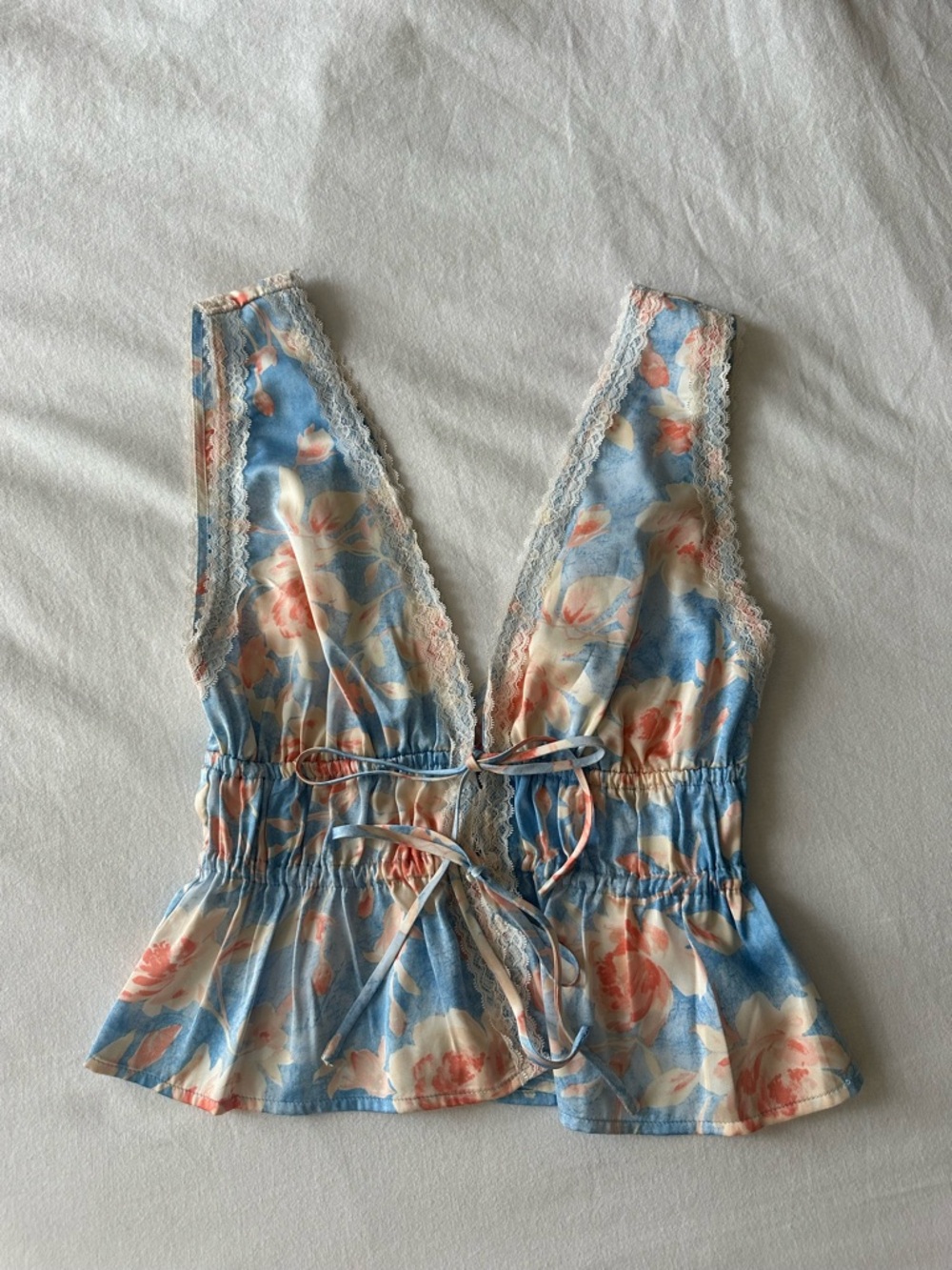 Floral Lace-Trim Blue & Peach V-Neck Women's Top